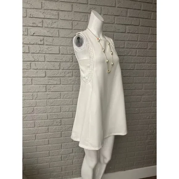 Zara Women's White Sleeveless Faux Pearl Beaded Detail A-Line Mini Dress Size M - Picture 3 of 10
